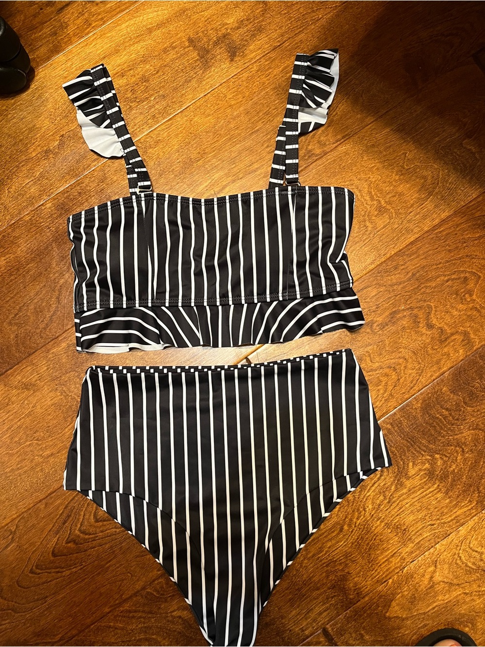 SHEIN Black and White Striped High Waist Bikini